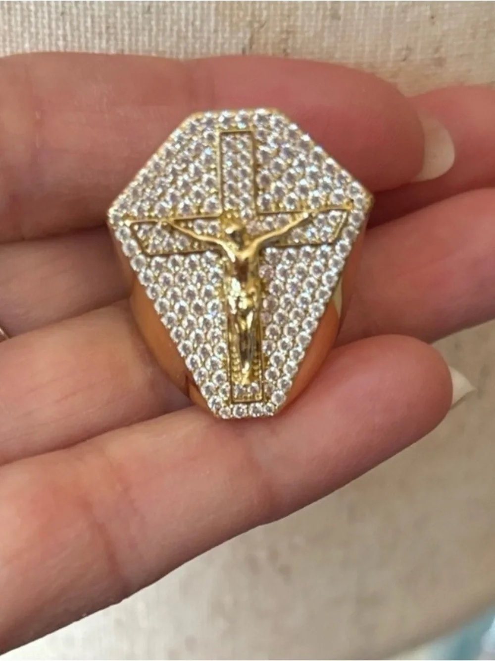 Gold Crystal Crucifix Unisex Ring - Gold Tone